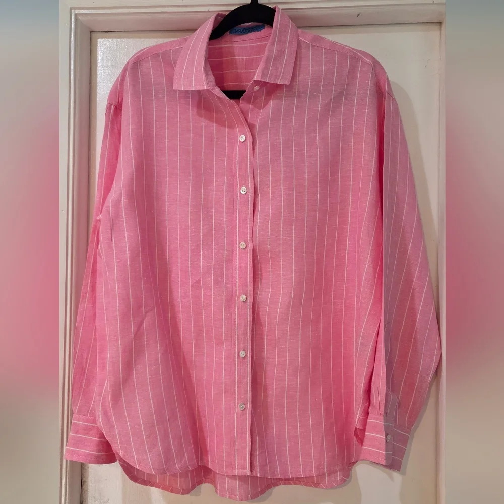 Women's J. McLaughlin Britt Linen Pink With White Pin Stripes Blouse, Size L - Picture 1 of 13